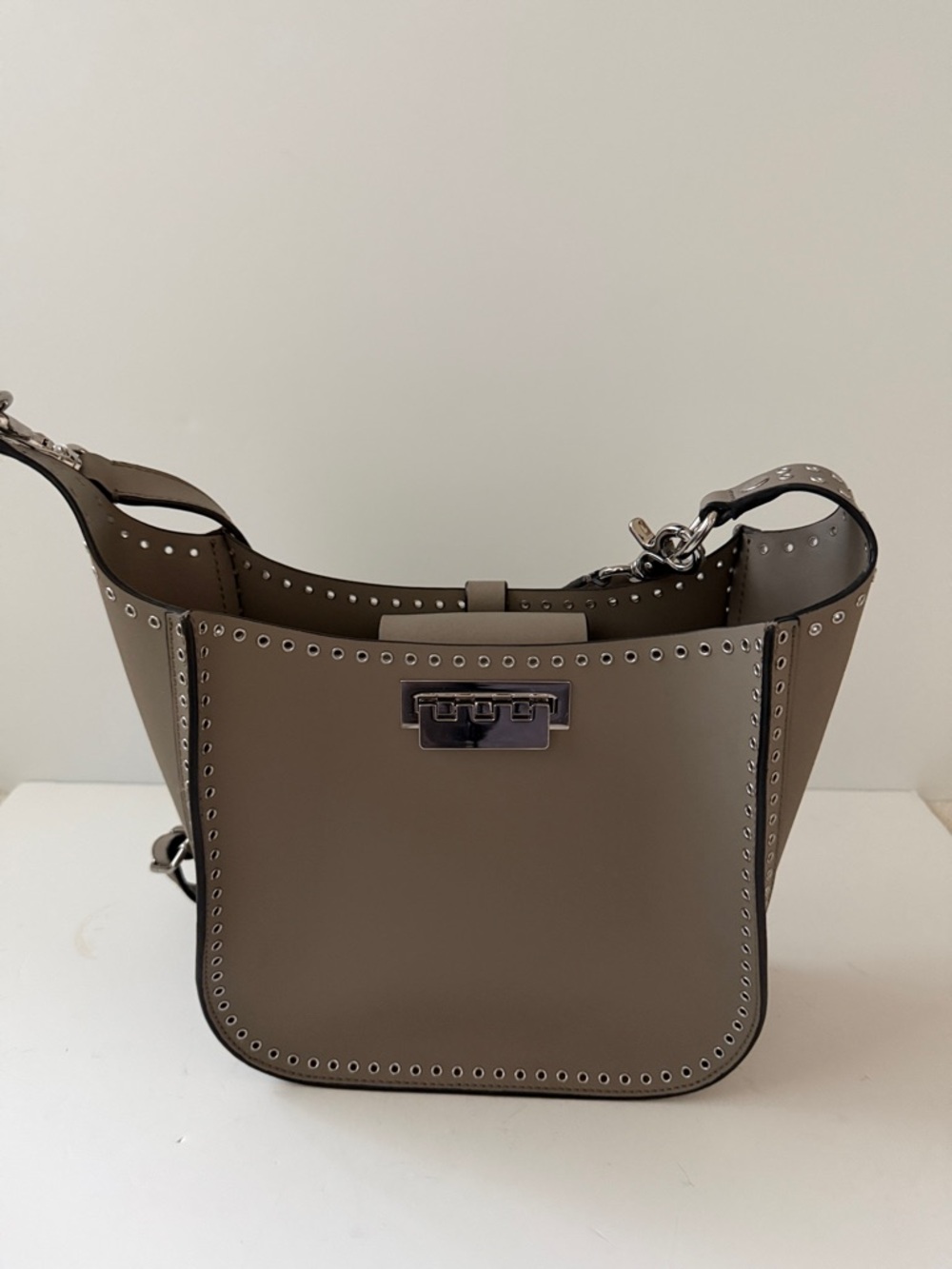 ZAC Zac Posen Belay Studded Tote Taupe Stud-Trim Leather Shoulder Bag